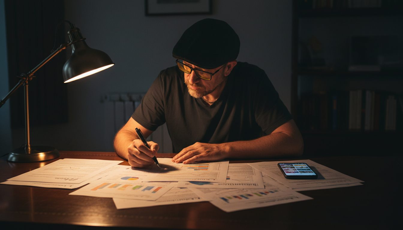 Laust Kehlet ved et mørkt skrivebord om aftenen, bøjet over udprintede grafer og noter, med en telefon der viser et nyhedsfeed